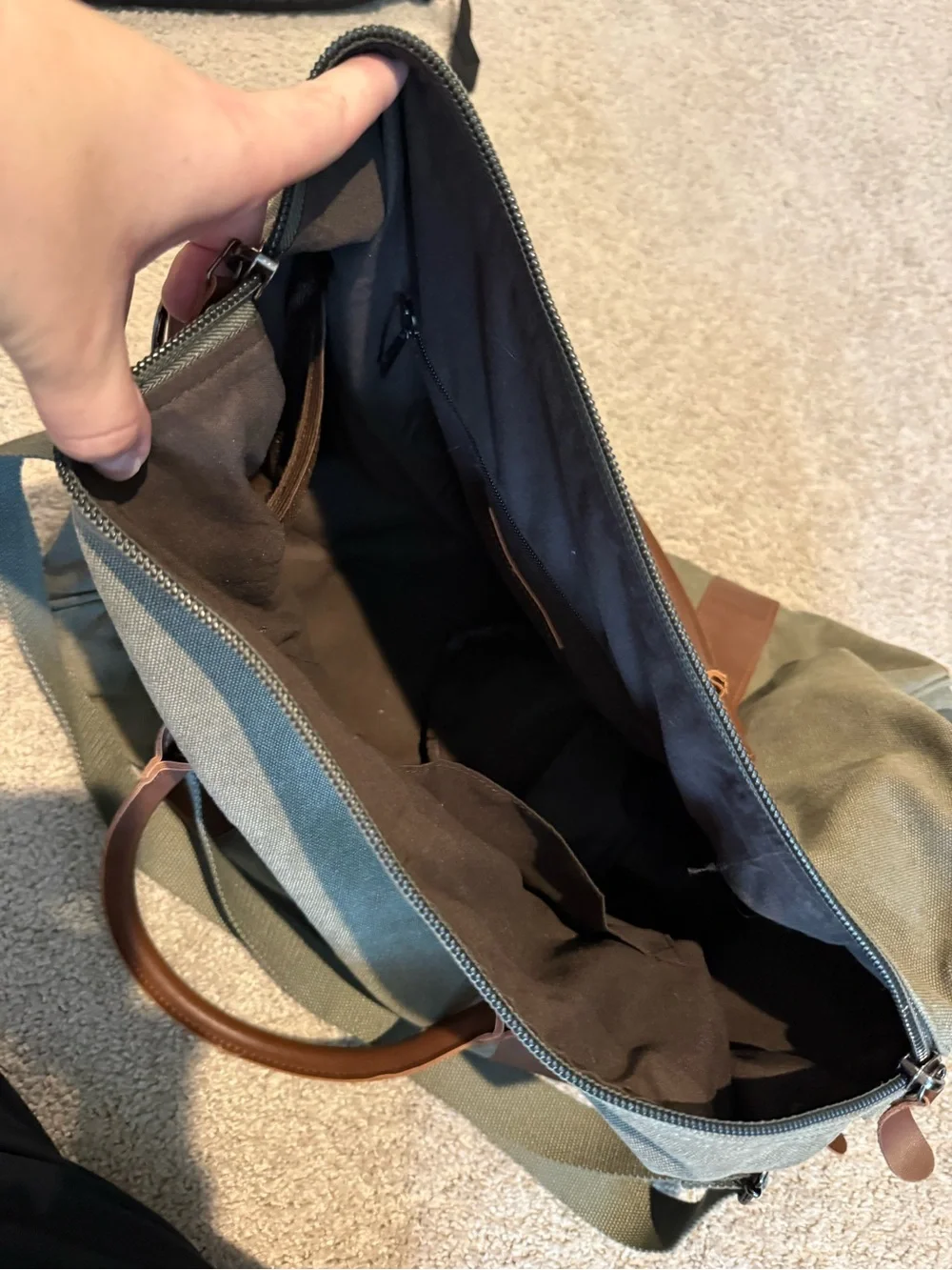 Canvas Weekender Duffel Bag in Olive with Brown Trim